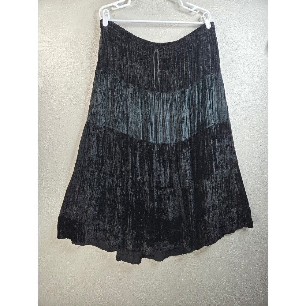 Velvet Tiered Maxi Skirt Free Size Black Whimsigoth Dark Boho Full Circle Long